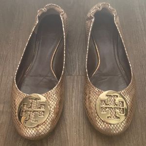 TORY BURCH gold snakeskin ballet flats